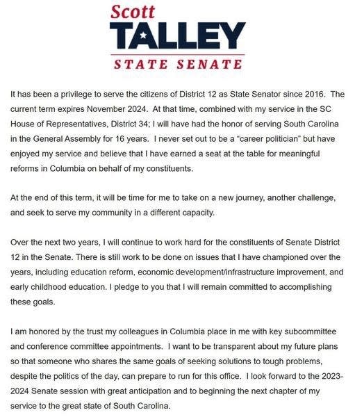 State Sen. Scott Talley's Facebook post on May 17, 2022, where he announces he won't seek re-election in 2024.