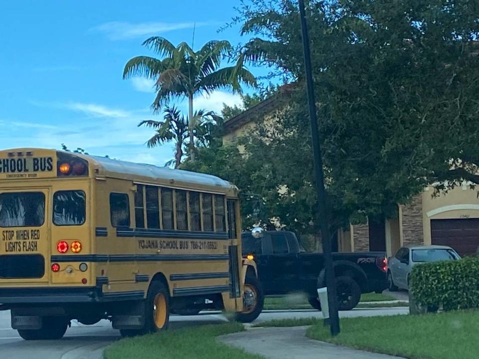 A school bus makes a right turn in the Silver Palms subdivision in southwest Miami-Dade County Thursday, Sept. 23, 2021.