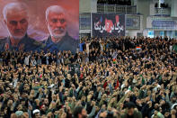 In this picture released by the official website of the office of the Iranian supreme leader, worshippers chant slogans during Friday prayers ceremony, as a banner show Iranian Revolutionary Guard Gen. Qassem Soleimani, left, and Iraqi Shiite senior militia commander Abu Mahdi al-Muhandis, who were killed in Iraq in a U.S. drone attack on Jan. 3, and a banner which reads in Persian: "Death To America, "at Imam Khomeini Grand Mosque in Tehran, Iran, Friday, Jan. 17, 2020. Iran's supreme leader said in his sermons President Donald Trump is a "clown" who only pretends to support the Iranian people but will "push a poisonous dagger" into their backs, as he struck a defiant tone in his first Friday sermon in Tehran in eight years. (Office of the Iranian Supreme Leader via AP)