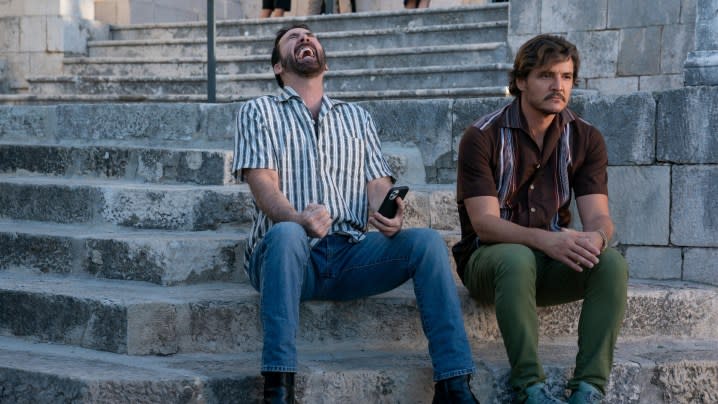 Nicolas Cage laughs while Pedro Pascal worries in "The Unbearable Weight of Massive Talent."