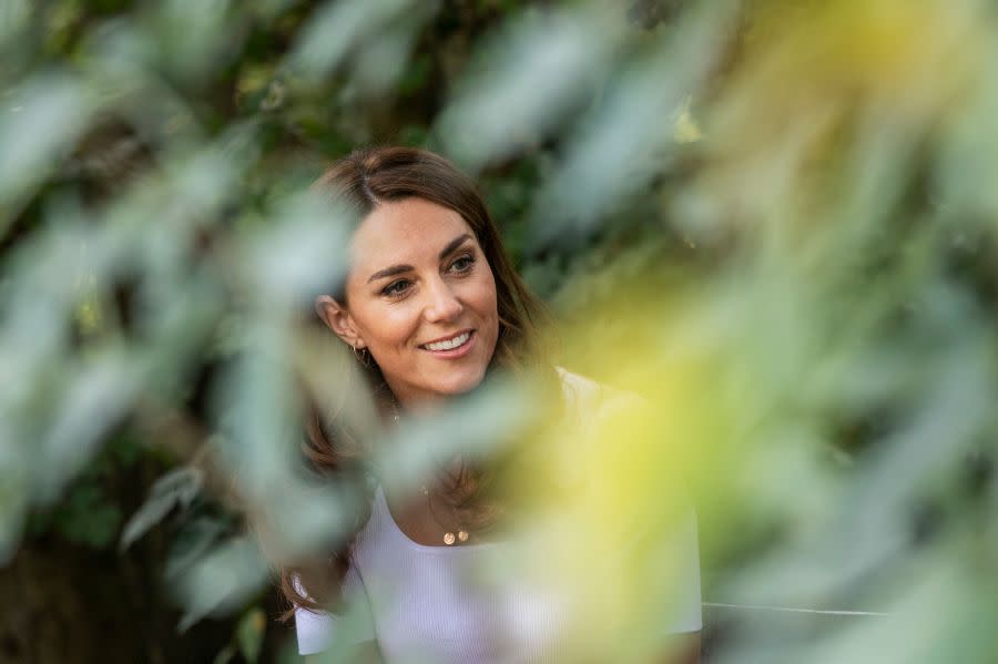 FILE – Britain’s Kate, the Duchess of Cambridge reacts during a visit to Battersea Park, as she met up with mothers, in London, Tuesday, Sept. 22, 2020. (Jack Hill/Pool Photo via AP, File)