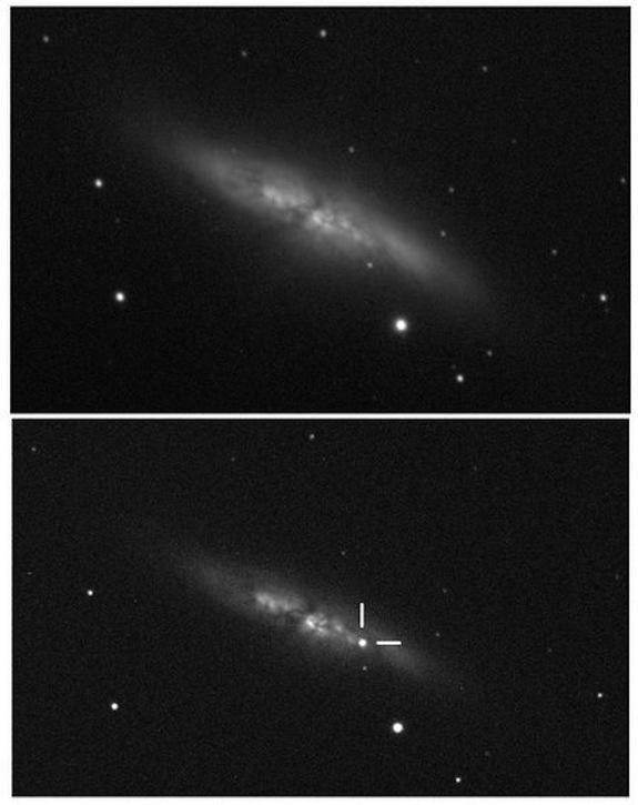 This comparison image shows a supernova suddenly appearing in the nearby galaxy M82.