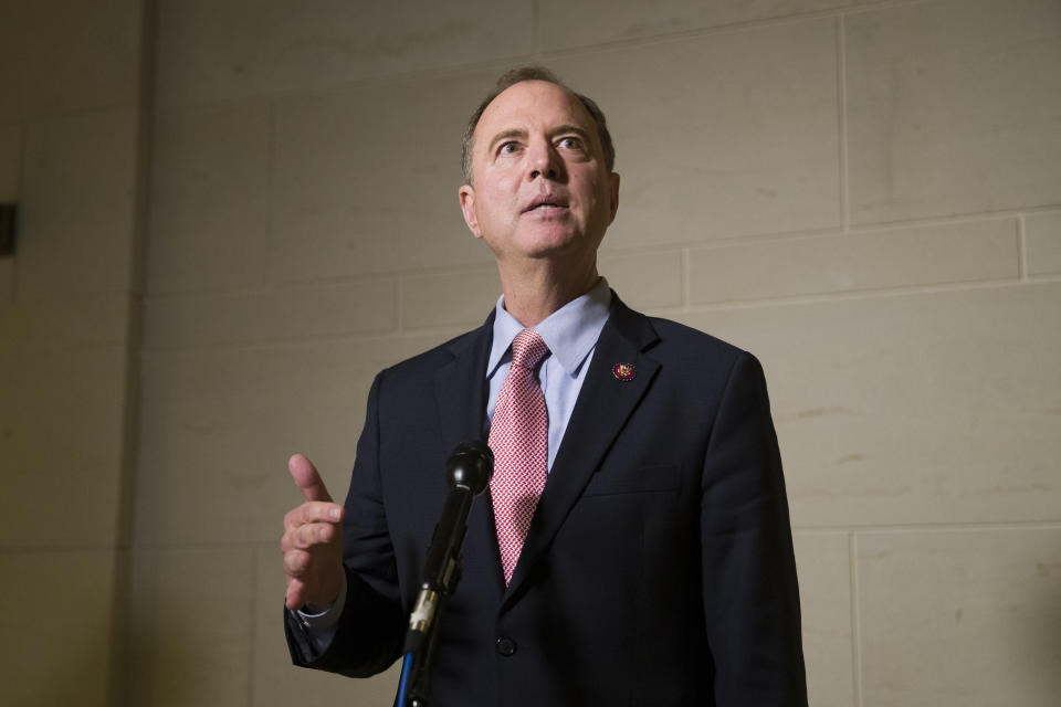 House Intelligence Committee Chairman Adam Schiff, of Calif., speaks with reporters after a meeting with former U.S. ambassador to Ukraine, Marie Yovanovitch, on Capitol Hill, Friday, Oct. 11, 2019, in Washington. (AP Photo/Alex Brandon)