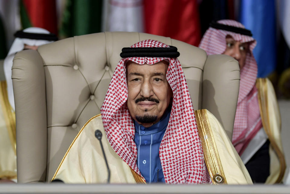 FILE - In this March 31, 2019 file photo, Saudi Arabia's King Salman attends the opening session of the 30th Arab League summit in Tunis, Tunisia. Saudi Arabia’s Interior Ministry said Tuesday, April 23, 2019, that 37 Saudi citizens have been beheaded in a mass execution that took place across various regions of the country. King Salman ratified the executions for terrorism-related crimes by royal decree. (Fethi Belaid/Pool Photo via AP, File)