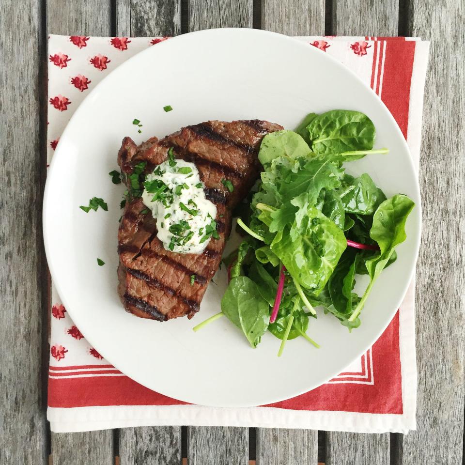 Grilled Sirloin with Garlic Herb Spread and Mixed Greens