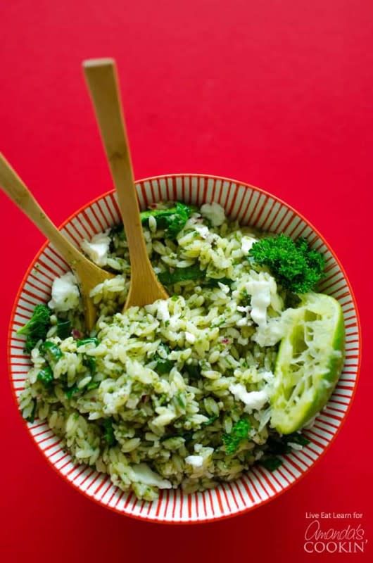 <p>Amanda's Cooking</p><p>This orzo salad is tossed in an herby chimichurri sauce, fresh spinach, and feta. Your healthy dinner side dish is taken care of in less than 15 minutes!</p><p><strong>Get the recipe:</strong> <a href="https://amandascookin.com/orzo-salad-chimichurri-sauce/?fbclid=IwAR2kdEs0p5mTSLYQpAepjlNaDrg2JhBxpfjWt_Q6ZIu4Uo4ka3dx-yG4VZo" rel="nofollow noopener" target="_blank" data-ylk="slk:Orzo Salad with Chimichurri Sauce;elm:context_link;itc:0;sec:content-canvas" class="link rapid-noclick-resp"><strong>Orzo Salad with Chimichurri Sauce</strong></a></p>