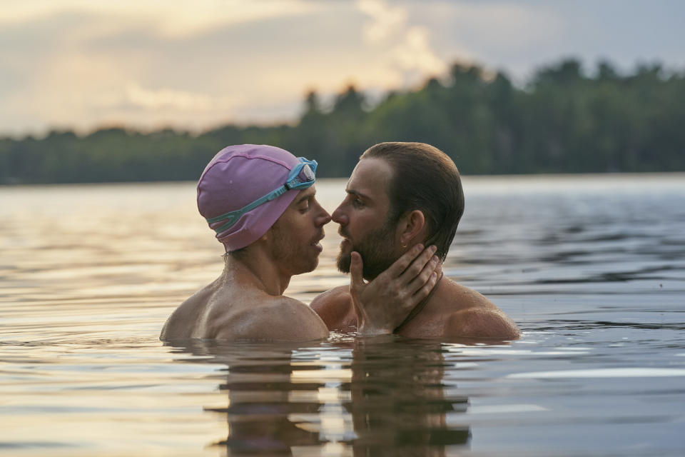 Jordan Gavaris as Justin and Travis Nelson as Riley in The Lake Season 2 on Prime Video (Peter H. Stranks)