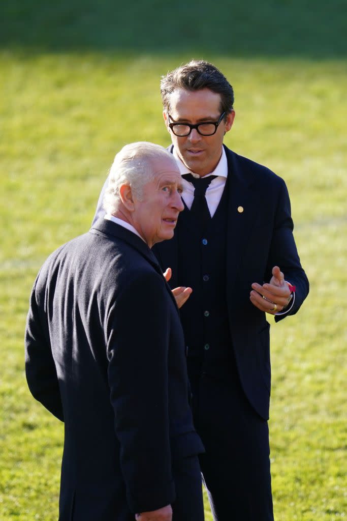 ryan reynolds talks with king charles iii at wrexham association football clubs racecourse ground the king and queen consort will meet with owners and hollywood actors, ryan reynolds and rob mcelhenney, and players to learn about the redevelopment of the club, as part of their visit to wrexham picture date friday december 9, 2022 photo by jacob kingpa images via getty images