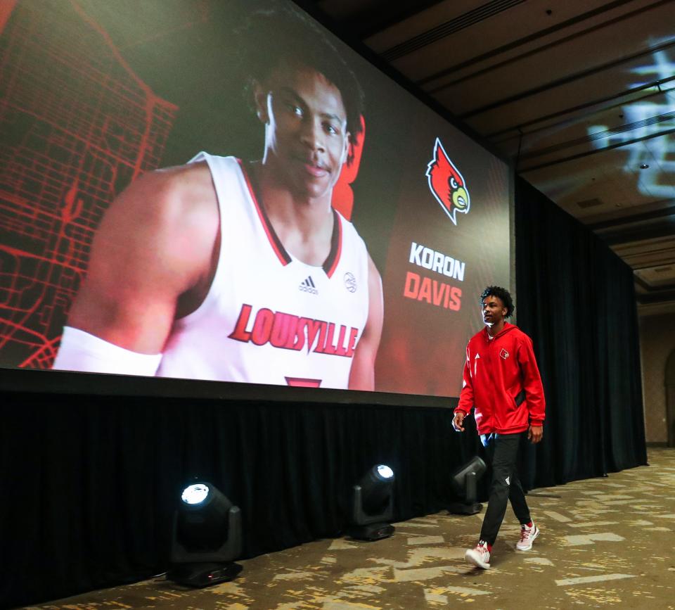 Koron Davis walks out during introductions at the UofL Men’s Basketball Tipoff luncheon on Monday, October 9, 2023