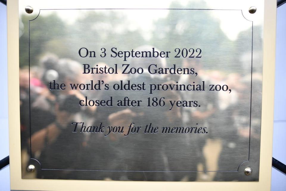 The plaque at Bristol Zoo detailing its closure (Beresford Hodge/PA) (PA Wire)