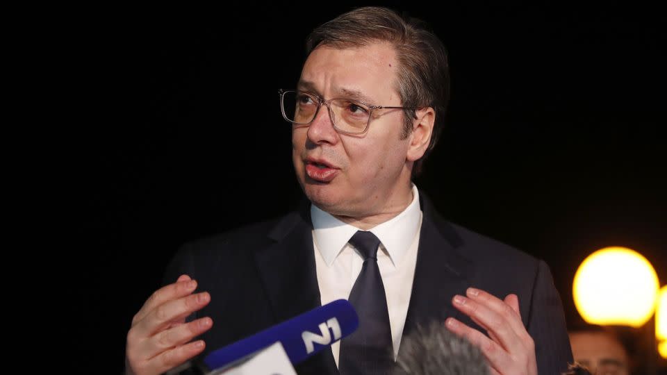 Vucic speaking at Ohrid, North Macedonia, March 18, 2023. - Boris Grdanoski/AP