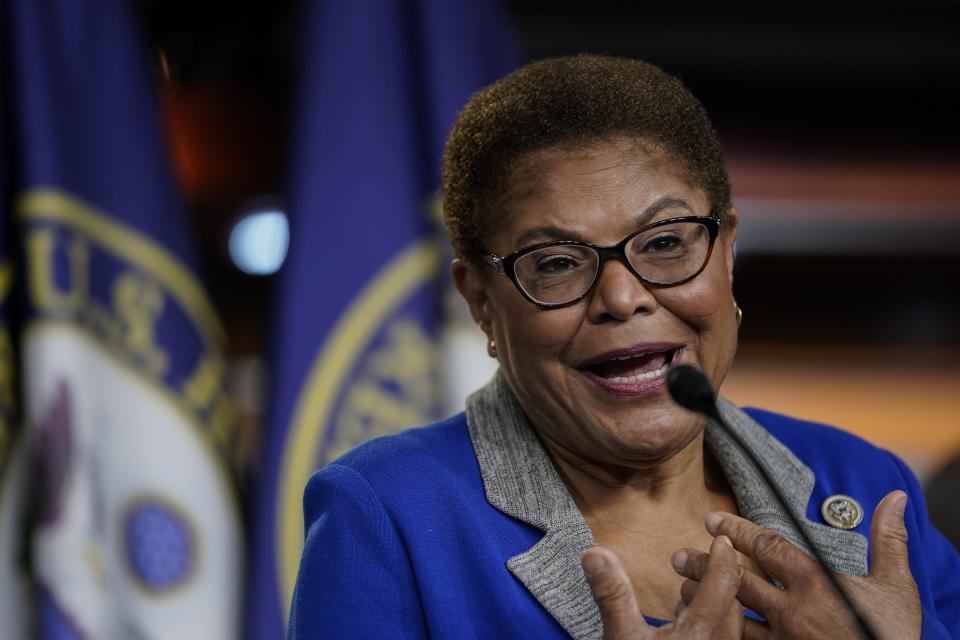 Rep. Karen Bass speaks during a news conference on July 22, 2020, in Washington, D.C.