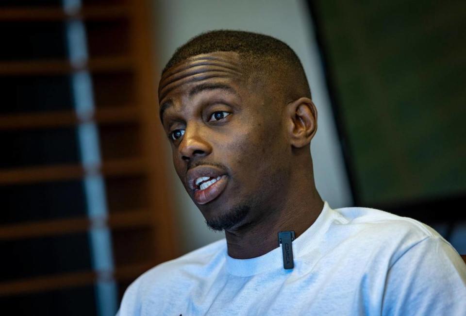 Emmanuel Jean, 36, speaks at a Coral Gables law office on Monday, May 8, 2023. He was released from prison 16 years into a life sentence for a 2006 murder after a Miami-Dade circuit court judge cleared Jean’s name.