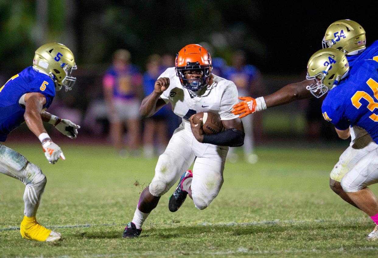 Benjamin running back Chauncey Bowens runs the ball during their game against Cardinal Newman on October 20, 2023 in West Palm Beach, Florida.