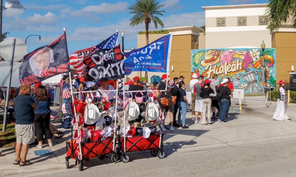 Former President Donald Trump supporters lined up early morning for his late night appearance at the Ted Hendricks Stadium at Henry Milander Park in Hialeah, on Wednesday, November 08, 2023.