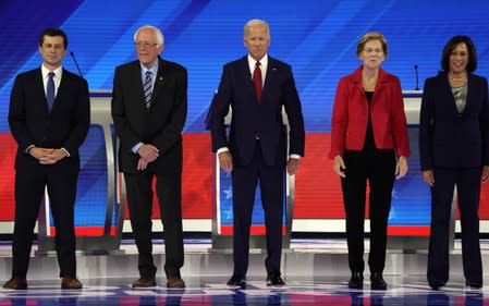 Candidates on stage before the start of the third 2020 Democratic U.S. presidential debate in Houston, Texas, U.S.