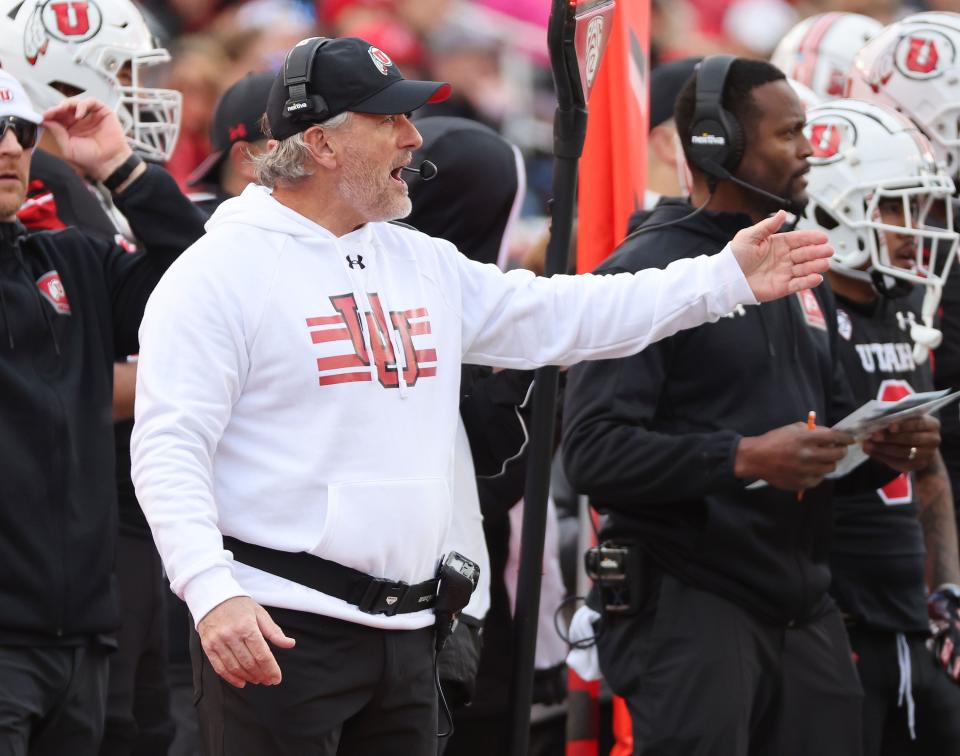 Utah Utes head coach Kyle Whittingham shouts instruction in Salt Lake City on Saturday, Nov. 25, 2023. | Jeffrey D. Allred, Deseret News