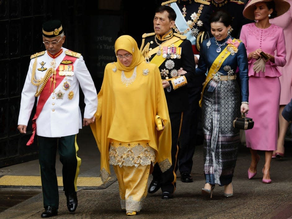 His Majesty Yang di-Pertuan Agong Al-Sultan Abdullah Ri'ayatuddin Al-Mustafa Billah Shah of Malaysia, Her Majesty Raja Permaisuri Agong Tunku Hajah Azizah Aminah Maimunah Iskandariah of Malaysia, King Vajiralongkorn of Thailand, Felipe VI of Spain, Queen Suthida of Thailand and Queen Letizia of Spain attend the Coronation of King Charles III and Queen Camilla on May 06, 2023 in London, England