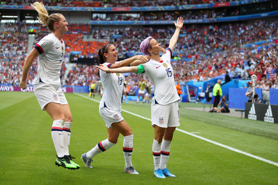 Striking her pose after scoring in the 2019 World Cup Final<span class="copyright">Richard Heathcote—Getty Images</span>