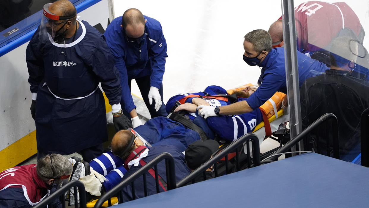 Jake Muzzin left Game 2 on a stretcher after falling awkwardly into a Blue Jackets player. (Photo by Andre Ringuette/Freestyle Photo/Getty Images)