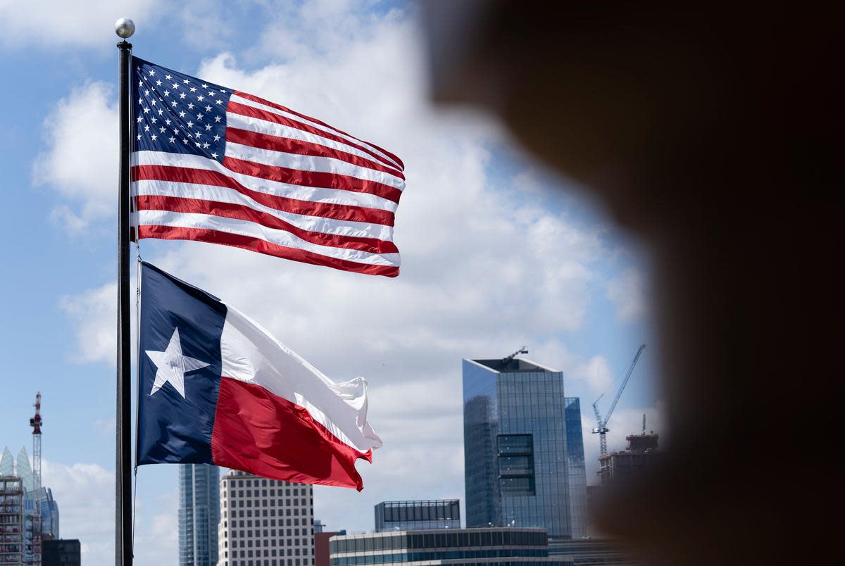 A view of the U.S. and Texas flags flown on the south side of the Texas Capitol from the Capitol Dome in Austin on Aug. 12, 2021.