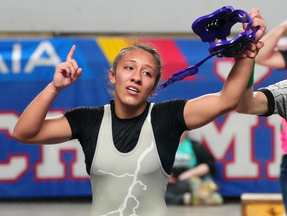 Valley Vista wrestler Brianna Reyes celebrates winning the 126-pound State Championship match on Feb. 18, 2023. She repeated as champion in that class in 2024.