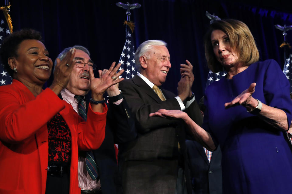 Minority Leader Nancy Pelosi (D-Calif.) celebrated the retaking of the House majority Tuesday night. She appears poised to retake the role of speaker of the House. (Photo: ASSOCIATED PRESS)