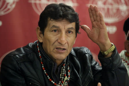 Alfonso Lopez, president of Amazon's native communities of the Maranon basin, speaks during a news conference with the foreign media in Lima, Peru, August 22, 2017. REUTERS/Guadalupe Pardo