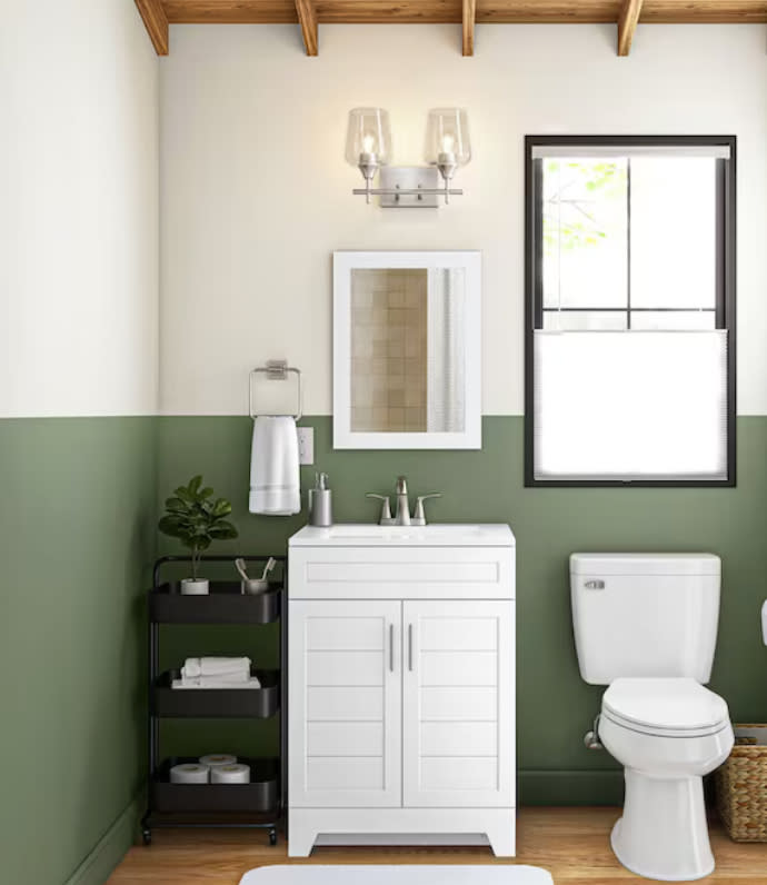 White shaker vanity with white framed mirror