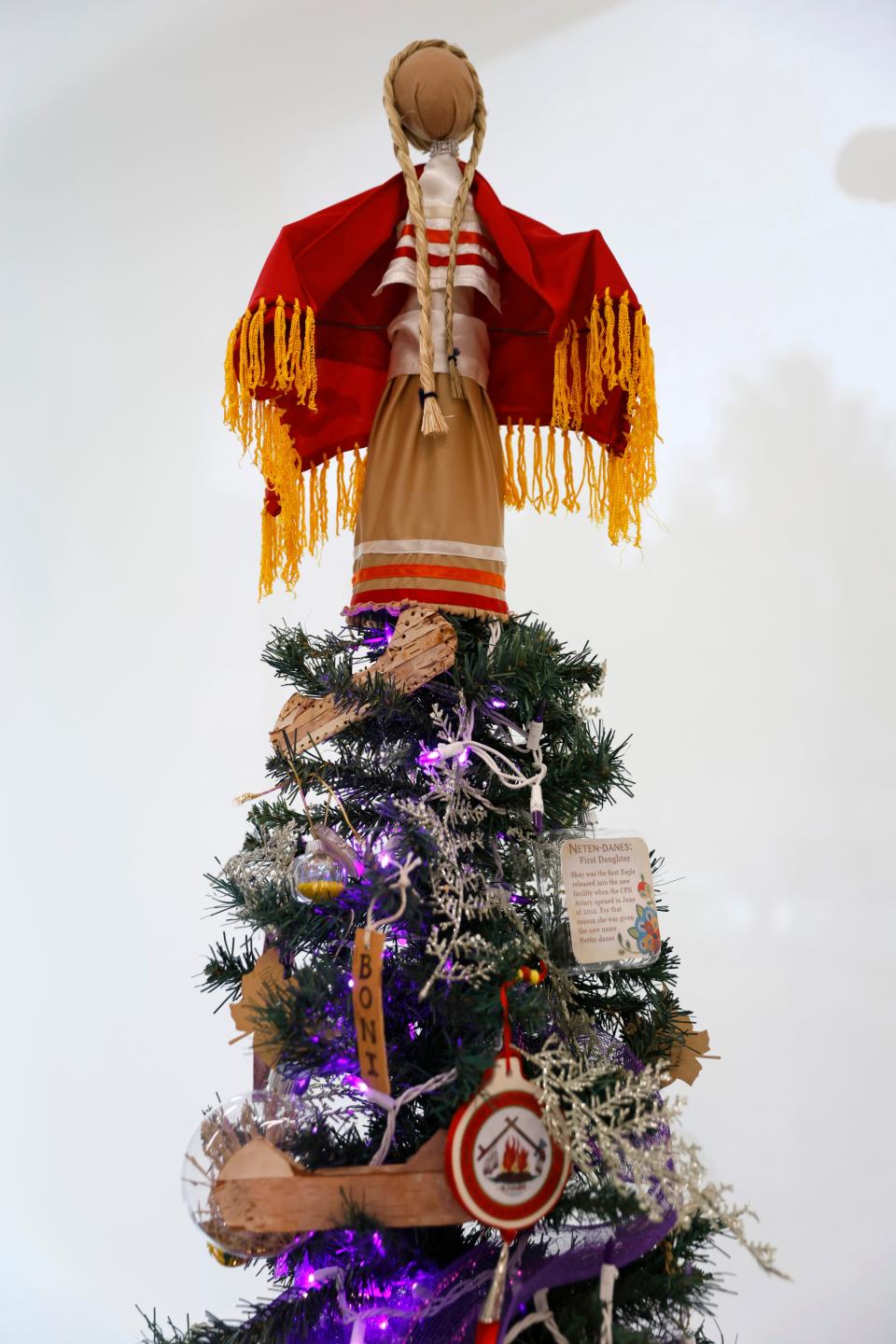 The Citizen Potawatomi Nation is seen on display before the annual Red Earth TreeFest at the Red Earth Art Center in the lobby of BancFirst Tower in Oklahoma City, Thursday, Nov. 9, 2023.