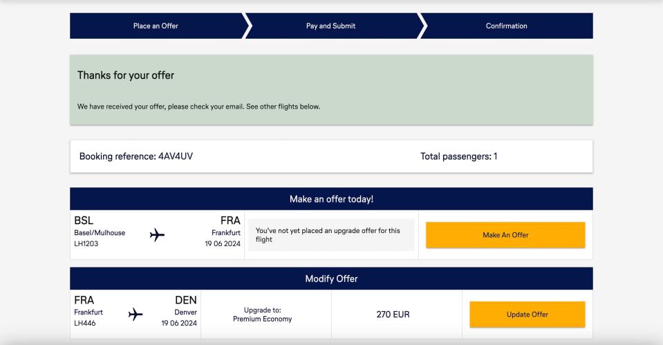 A webpage saying "thanks for your offer" with an offer for 270 euros for a flight from Frankfurt, Germany, to Denver.