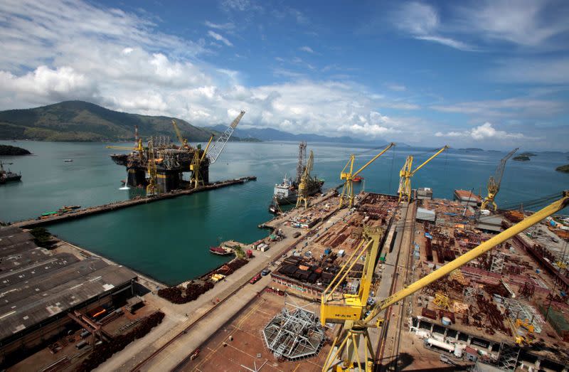 FILE PHOTO: An aerial view of the final stage of the construction of the new P-56 semi-submersible production platform for the oil company Petrobas at the Brasfels shipyard in Angra dos Reis