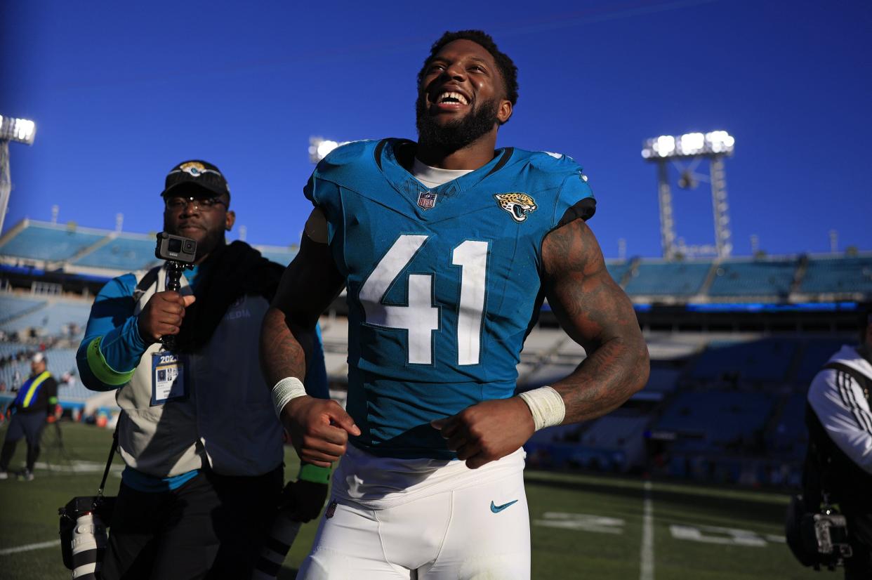 Jacksonville Jaguars linebacker Josh Allen runs off the field after a game at EverBank Stadium.