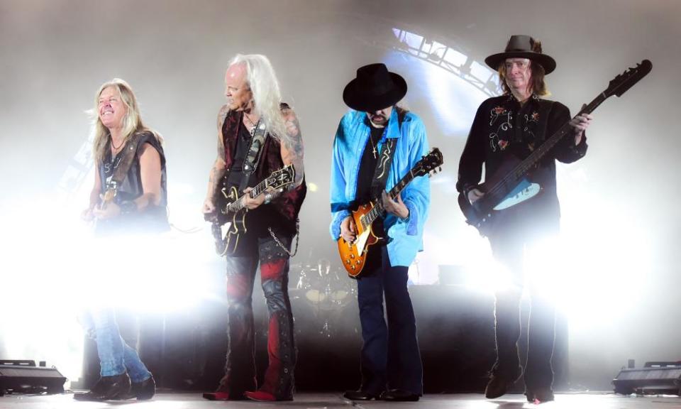 Gary Rossington, third from left with, from left, Mark Matejka, Rickey Medlocke and Keith Christopher in Lynyrd Skynyrd’s 2018 The Last of the Street Survivors Farewell Tour, in Jacksonville, US.