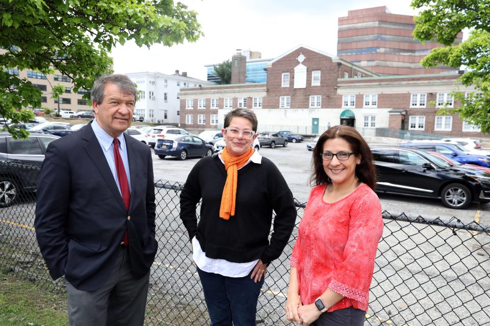 County Executive George Latimer, Judy Troilo, executive director of The LOFT: LGBT Community Services Center, and Blanca Lopez, acting commissioner of the planning department, beside the county-owned property that will become an affordable senior housing site geared toward the LGBTQ+ community May 5, 2023 in White Plains. The LOFT will house a new center at the base of the building.