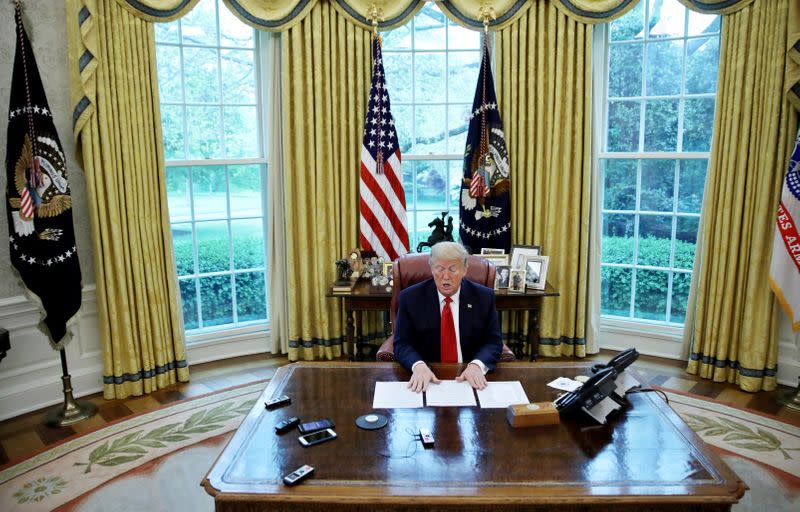 U.S. President Trump answers questions during an interview with Reuters in the Oval Office of the White House in Washington
