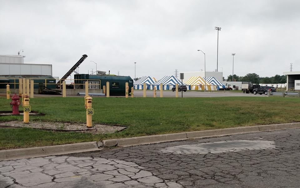 Tents at the Flat Rock Assembly Plant are used to house repair parts used to fix the 2020 Ford Explorers, which are being shipped to Michigan from the Chicago Assembly Plant. This image was provided to the Detroit Free Press on Sept. 13, 2019.