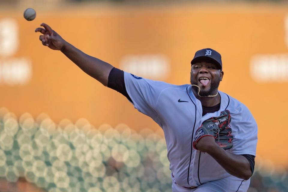 Tigers pitcher Michael Pineda pitches during the third inning on Monday, May 9, 2022, at Comerica Park.