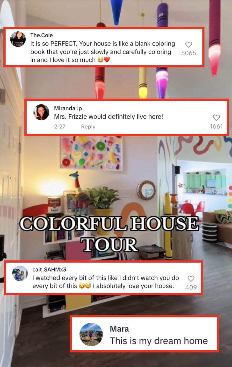 Brightly decorated room with pencils hanging from ceiling and vibrant wall art, labeled 'COLORFUL HOUSE TOUR' with comments from the video of fans complimenting her space and saying they love it