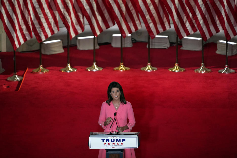 Former U.N. Ambassador Nikki Haley speaks during the Republican National Convention from the Andrew W. Mellon Auditorium in Washington, Monday, Aug. 24, 2020. (AP Photo/Susan Walsh)