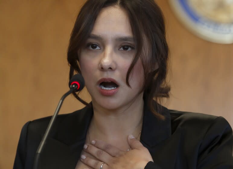 LOS ANGELES, CALIF. - FEB. 13, 2020. Sochil Martin, who said she is a former sex slave of La Luz Del Mundo leader Naason Joaquin Garcia, speaks during a press conference in downtown Los Angeles on Thursday, Feb. 13, 2020. Martin told reporters that she was groomed from a young age to provide sex to Garcia. She alleged that the human trafficking and sexual abuse of women and girls by top leaders of the church is ongoing. Garcia is in custody and facing trial on sex trafficking charges brought by the California attorney general. (Luis Sinco/Los Angeles Times)