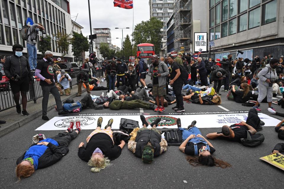 Protesters outside Notting Hill tube station in west London for an anti-racism demonstration: PA