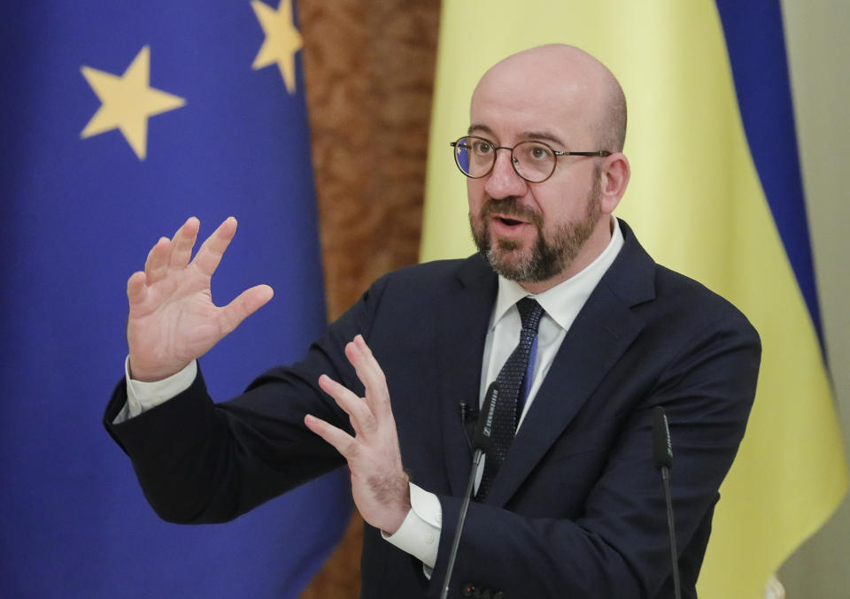 European Council President Charles Michel talks during a joint media conference with Ukrainian President Volodymyr Zelenskiy in Kyiv, Ukraine, Wednesday, March 3, 2021. (Sergiy Dolzhenko/Pool via AP)