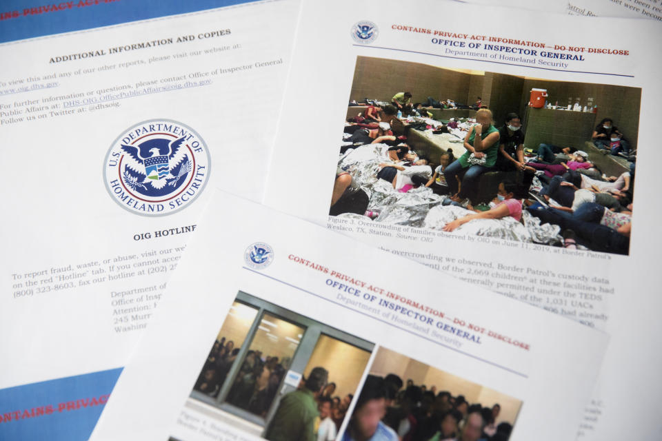 FILE - This Tuesday, July 2, 2019 file photo in Washington shows a portion of a report from government auditors which included images of people penned into overcrowded Border Patrol facilities. The report released Tuesday by the Department of Homeland Security's Office of Inspector General warns that facilities in South Texas' Rio Grande Valley face "serious overcrowding" and require "immediate attention." (AP Photo/Andrew Harnik)