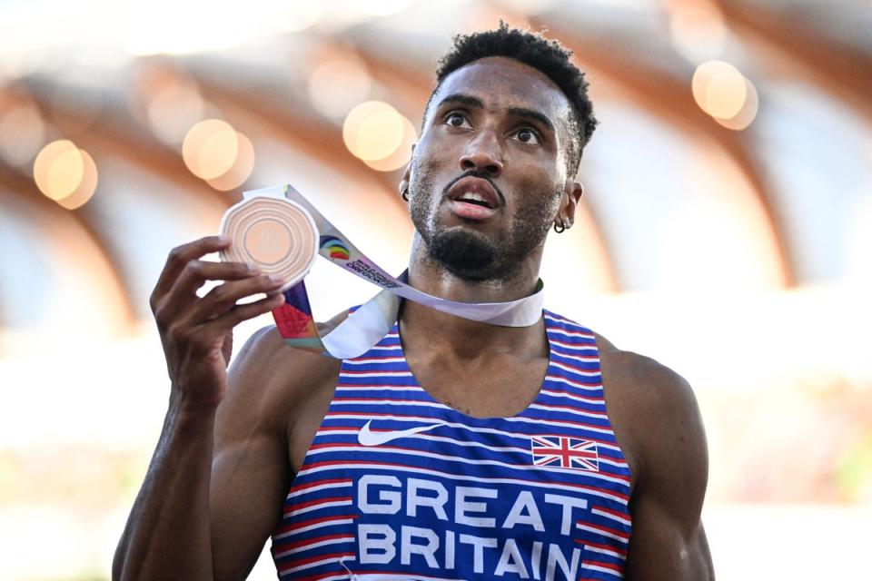 Great Britain’s Matthew Hudson-Smith celebrates with his medal after winning bronze (AFP via Getty Images)