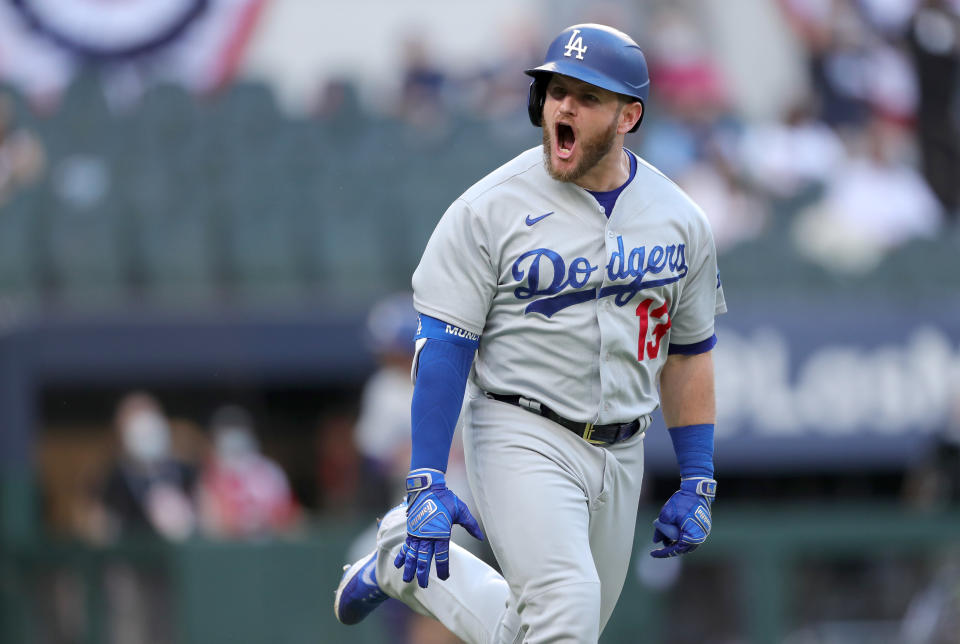 Max Muncy hit a grand slam as part of L.A.'s 11-run first inning in NLCS Game 3. (Photo by Kelly Gavin/MLB Photos via Getty Images)