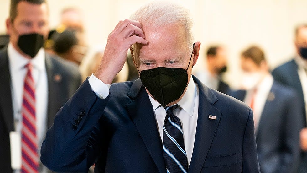 President Biden walks over to address reporters after a Democratic caucus luncheon at the Senate Russell Office building to discuss voting rights and filibuster reform on Thursday, January 13, 2022.