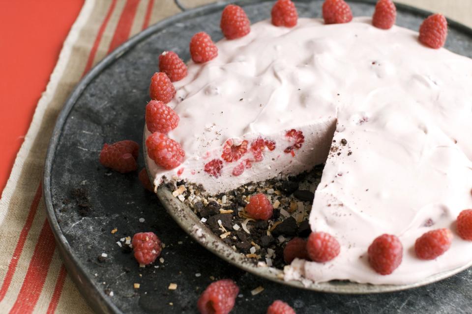 In this image taken on May 27, 2013, a raspberry coconut ice box pie is shown served on a tray in Concord, N.H. (AP Photo/Matthew Mead)