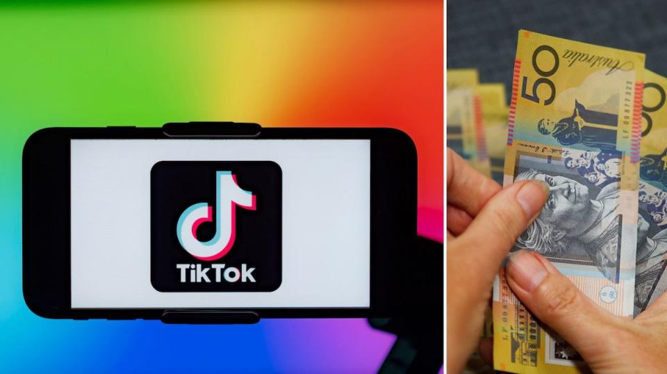 Compilation image of TikTok symbol on a phone with a multicoloured background and hands counting out $50 notes to represent deinfluencing