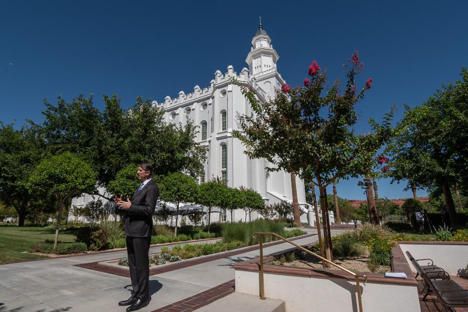 Elder Matthew S. Holland, a General Authority Seventy of The Church of Jesus Christ of Latter-day Saints, speaks during a television interview outside the church’s newly renovated St. George Utah Temple in St. George, Utah, on Wednesday, Sept. 6, 2023. | Nick Adams, for the Deseret News